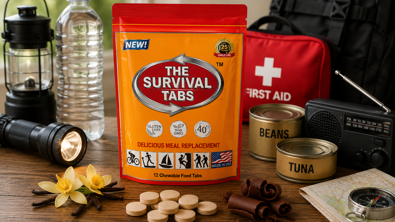 Survival Tabs emergency nutrition package displayed with emergency preparedness supplies.