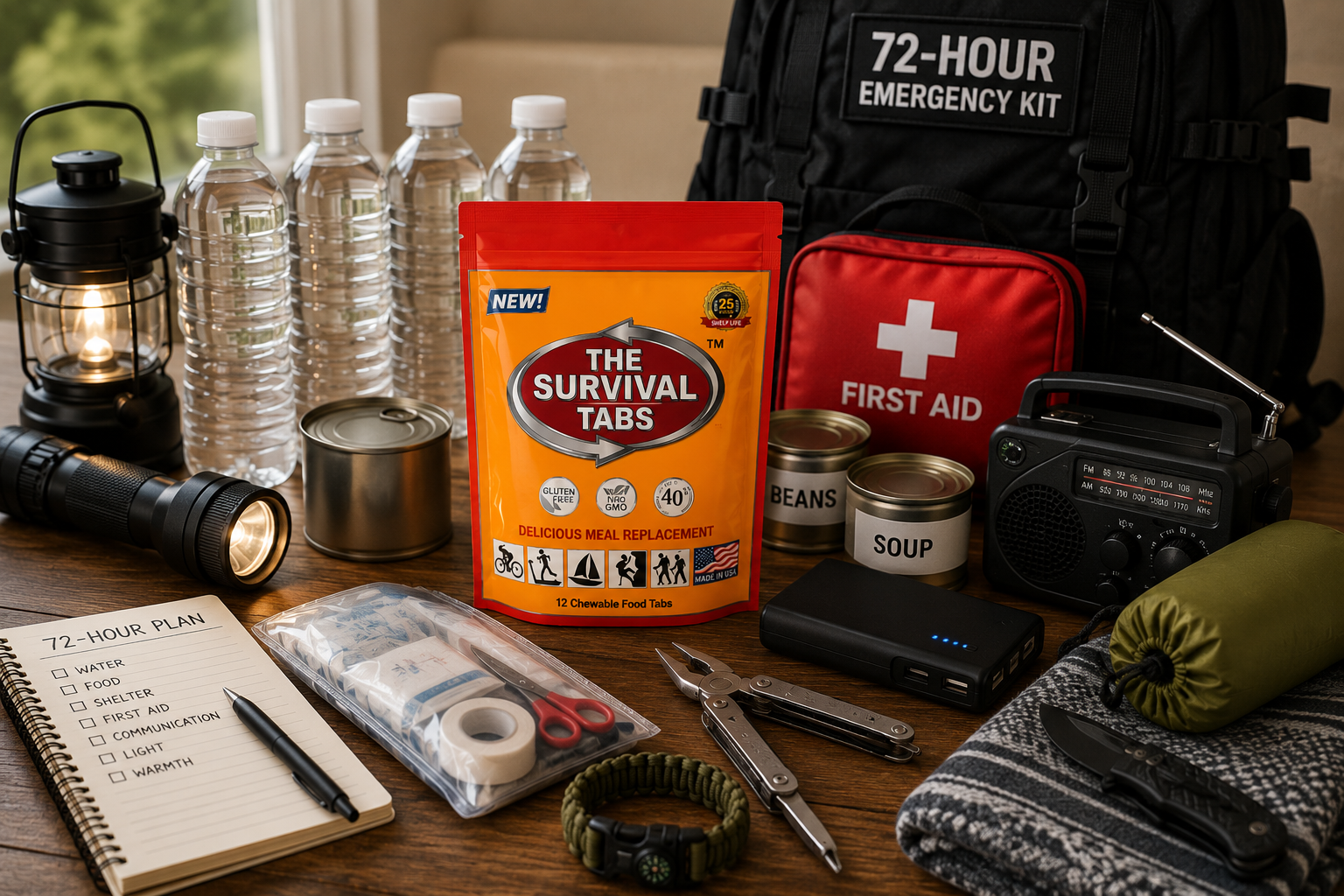 A complete 72-hour emergency kit with Survival Tabs, water, first aid supplies, lighting, radio, food, and essential gear.