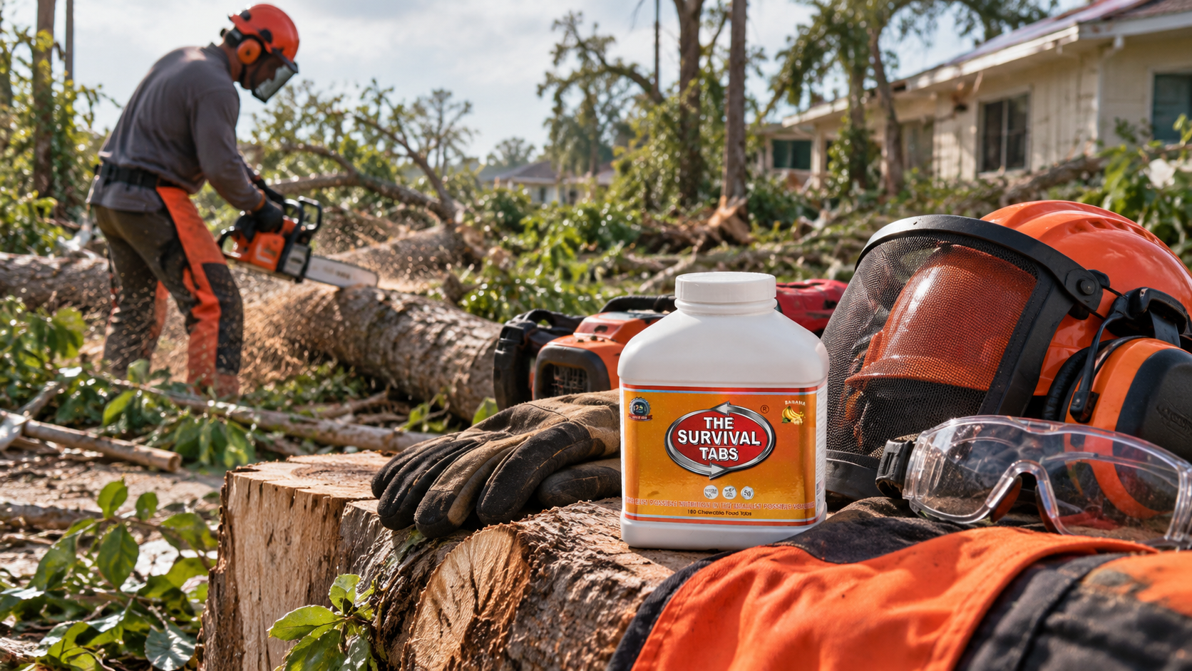 Prepared household scene illustrating chainsaw storm cleanup safety