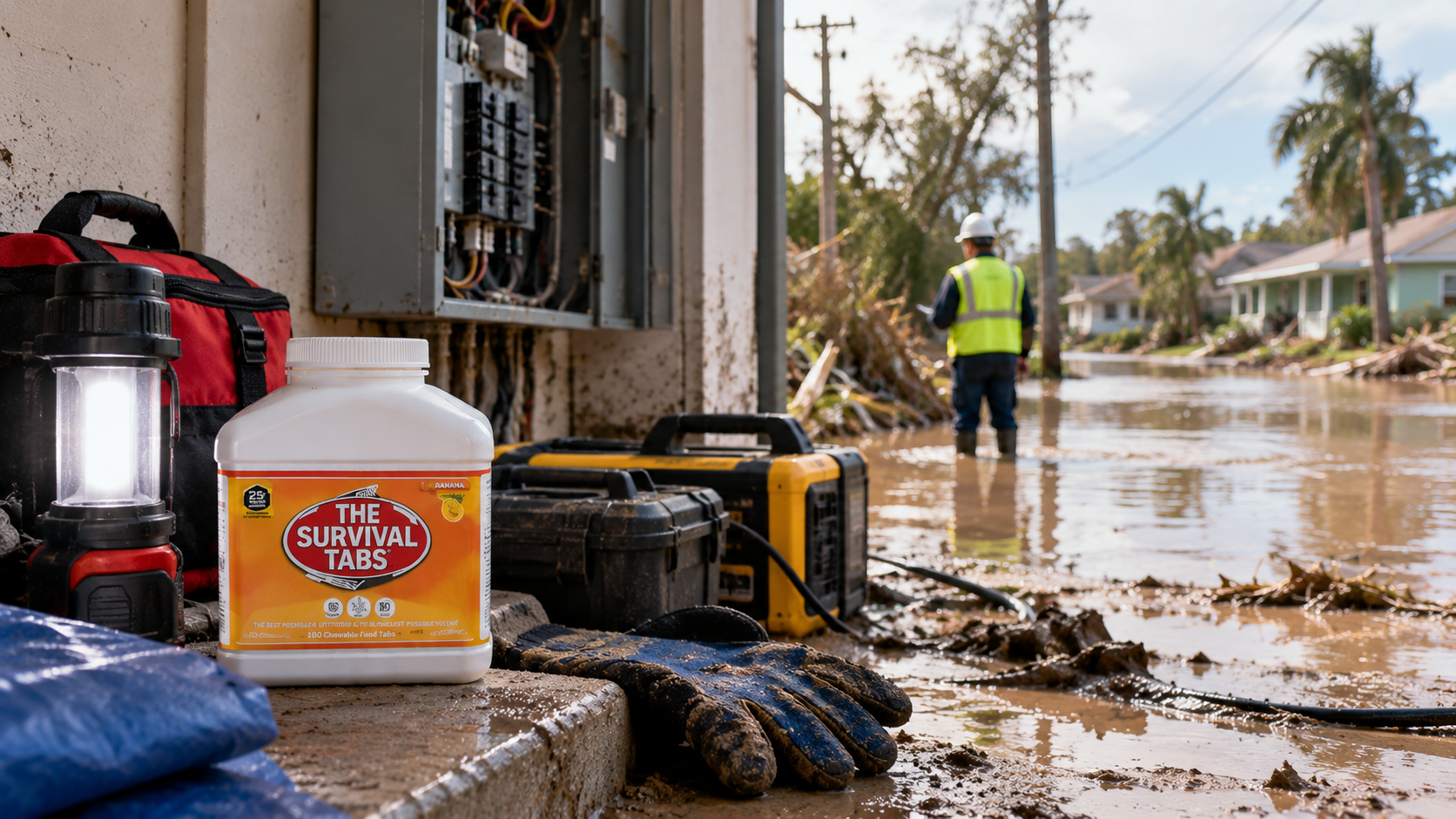 Calm preparedness scene illustrating electrical safety after flooding