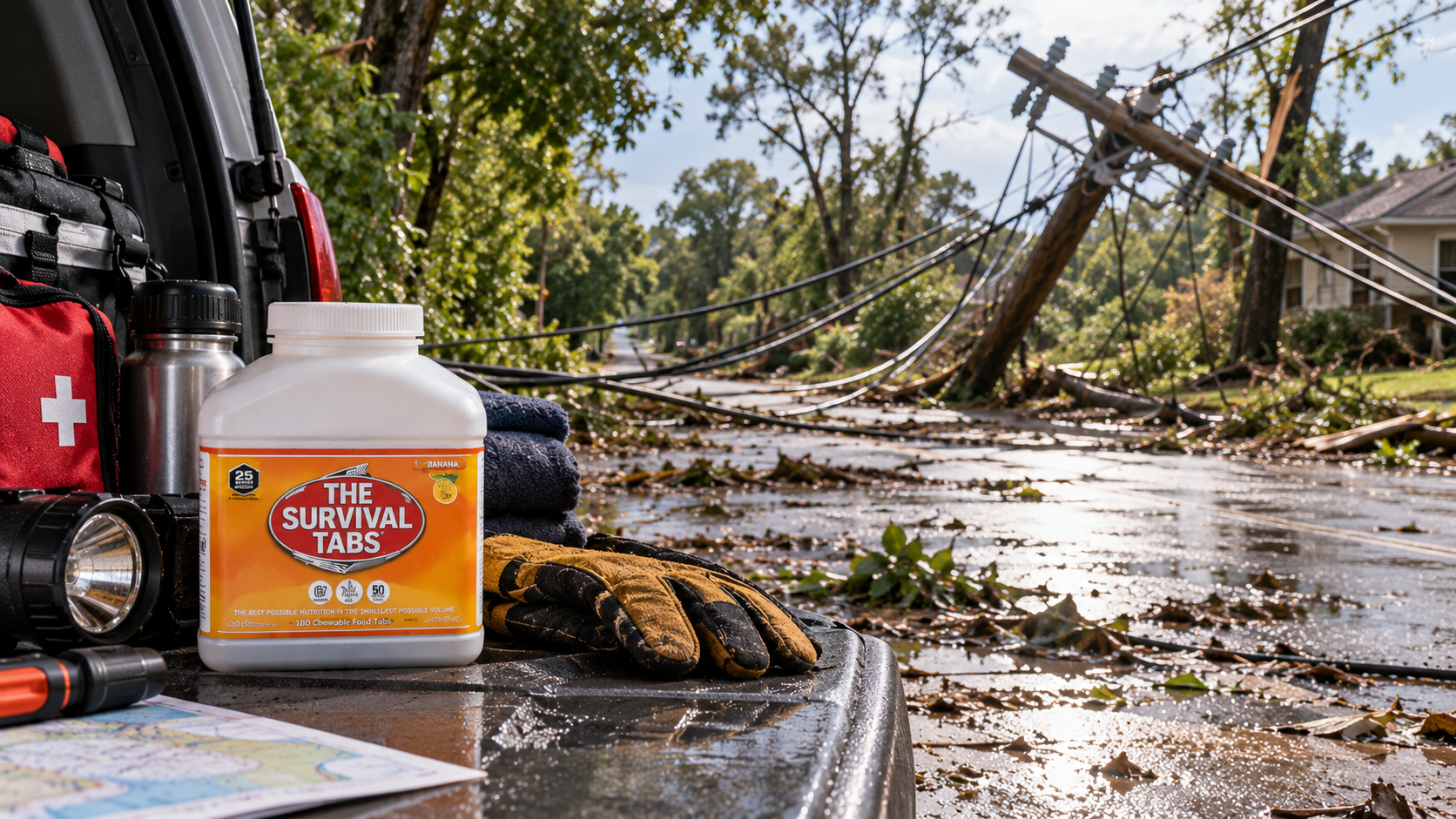 Calm preparedness scene illustrating downed power line safety