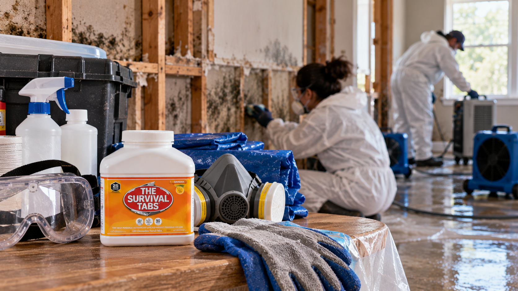Calm preparedness scene illustrating mold cleanup after flooding