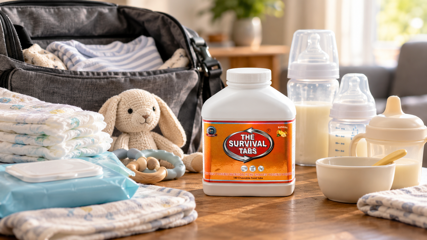 Calm preparedness scene illustrating infant feeding during emergencies