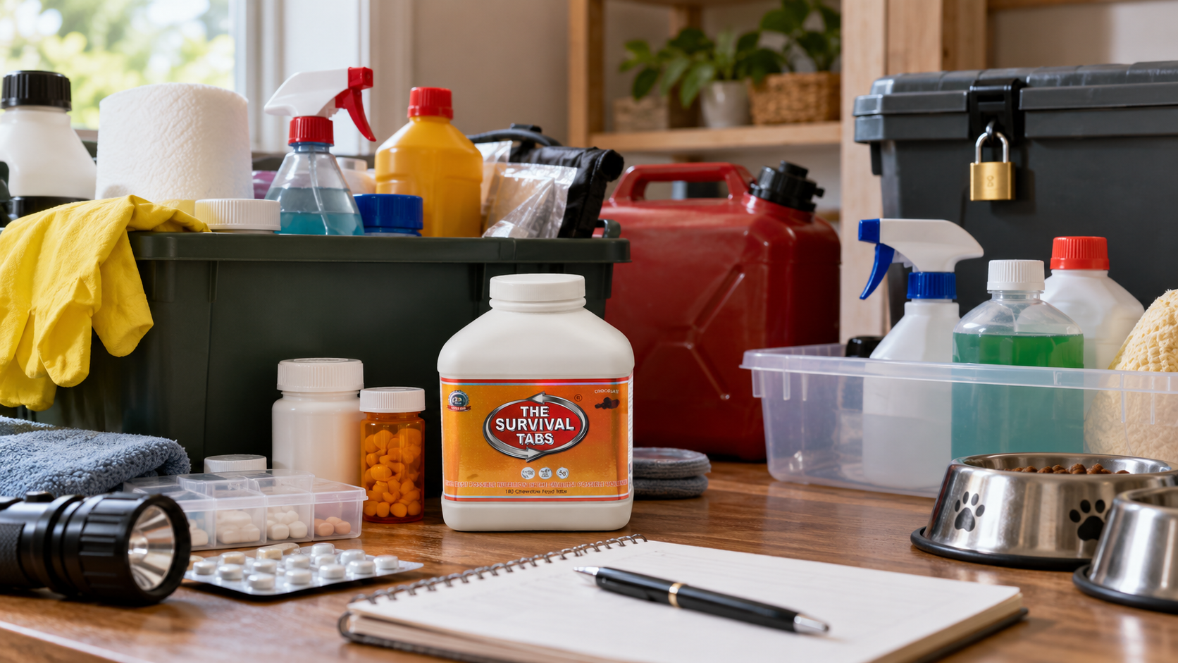 Calm preparedness scene illustrating poison prevention during disasters