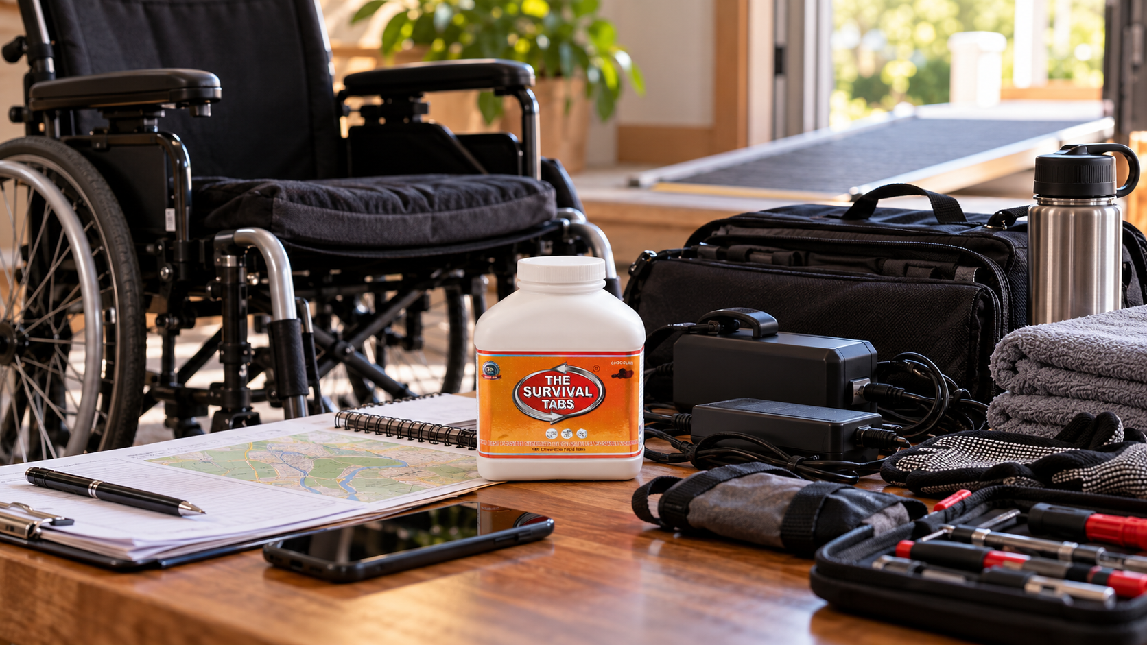 Calm preparedness scene illustrating wheelchair emergency preparedness