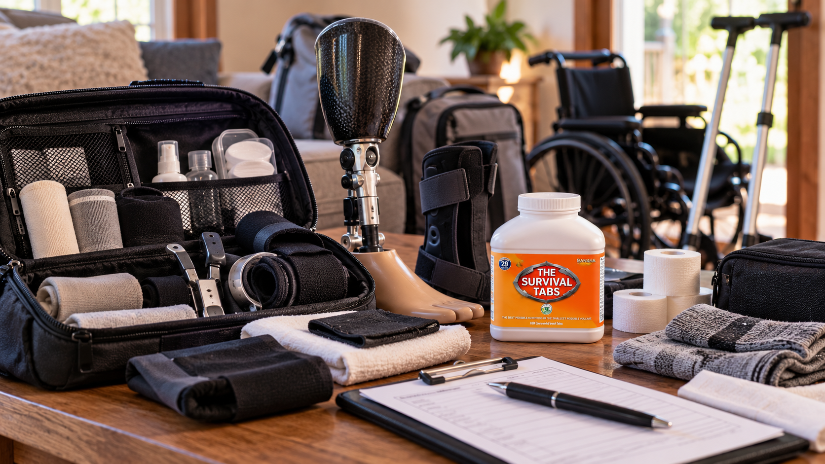 Calm preparedness scene illustrating prosthetic device emergency preparedness