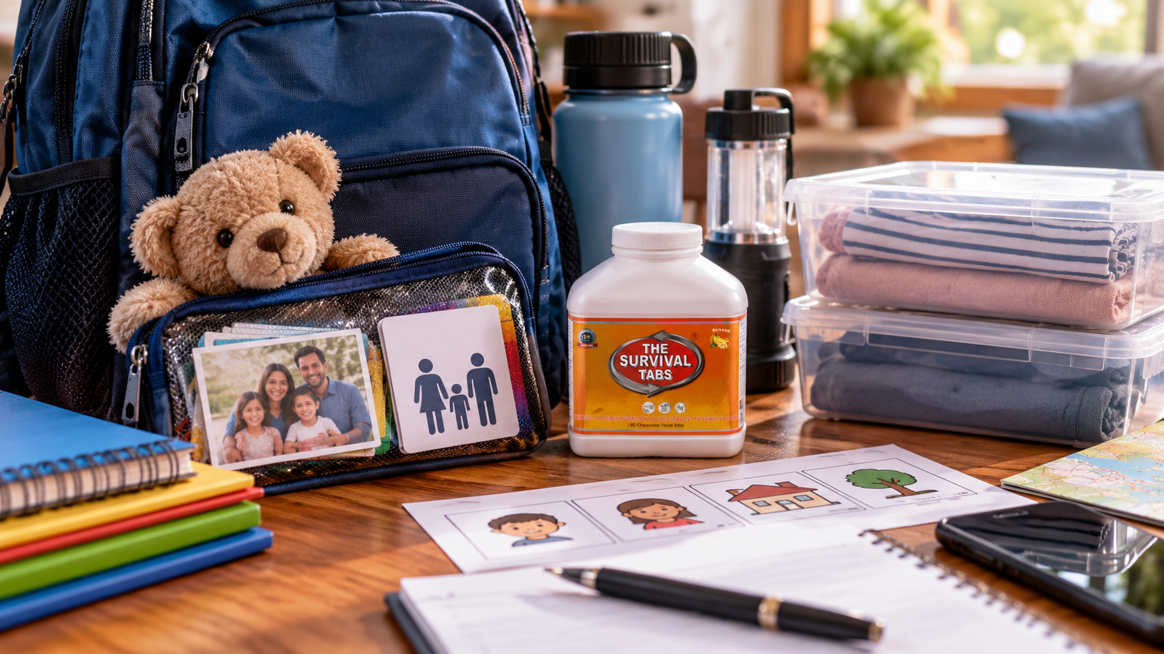 Calm preparedness scene illustrating family reunification emergency plan