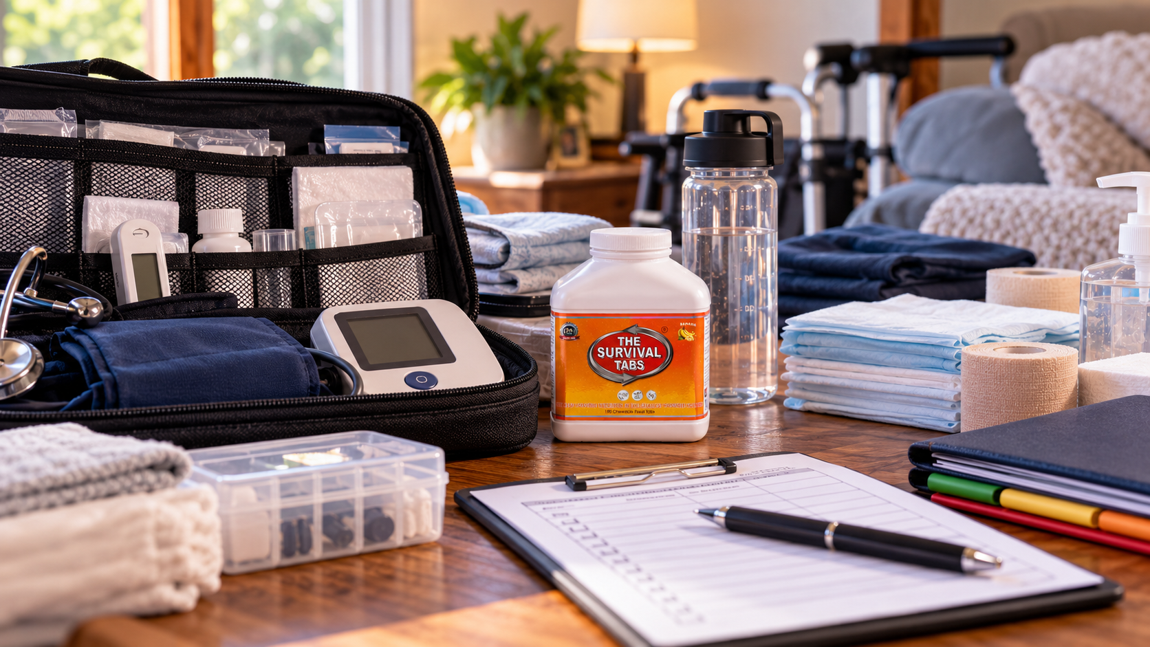 Calm preparedness scene illustrating home healthcare emergency preparedness