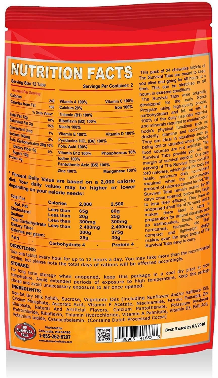 Survival Tabs 5 Flavor Variety Pack Orange Maple Chocolate Vanilla Banana Emergency Food Supply 10 Pouches 240 Chewable Survival Food Tablets Long Term Food Storage Gluten Free Non GMO Meal Replacement MRE