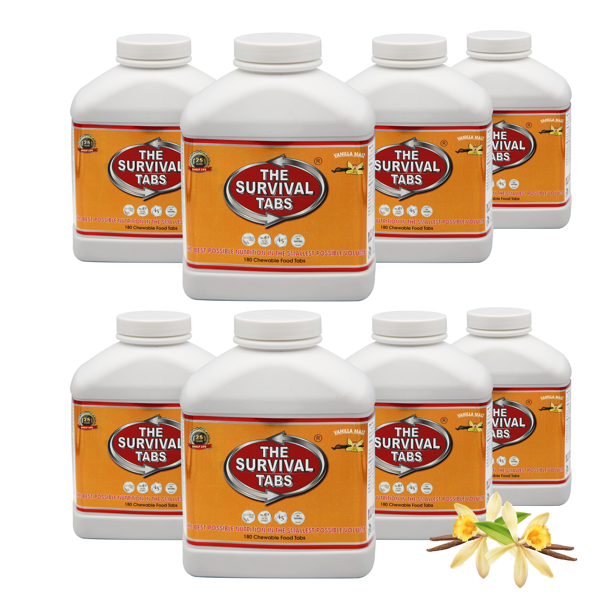 Survival Tabs Emergency Food 8 bottles of Vanilla gluten-free, Non-GMO 120 days