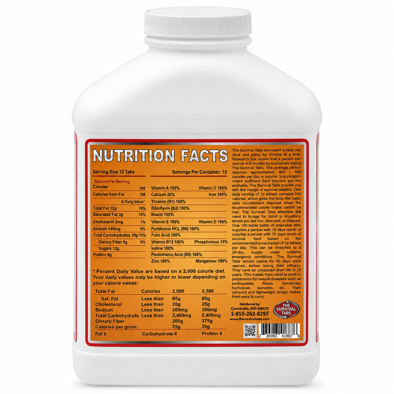 Survival Tabs 15-Day Emergency Food Supply – Orange Flavor 180 Chewable Survival Food Tablets