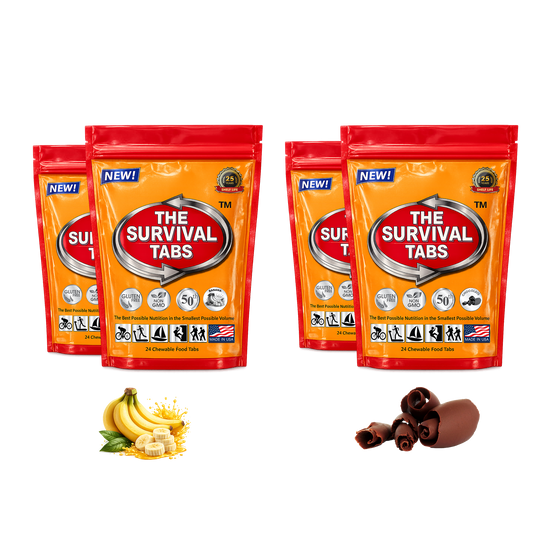 Survival Tabs Banana & Chocolate Variety Pack Emergency Food Supply 4 Survival Food Pouches 96 Chewable Tablets Long Term Food Storage Gluten Free Non-GMO Meal Replacement Emergency Preparedness MRE