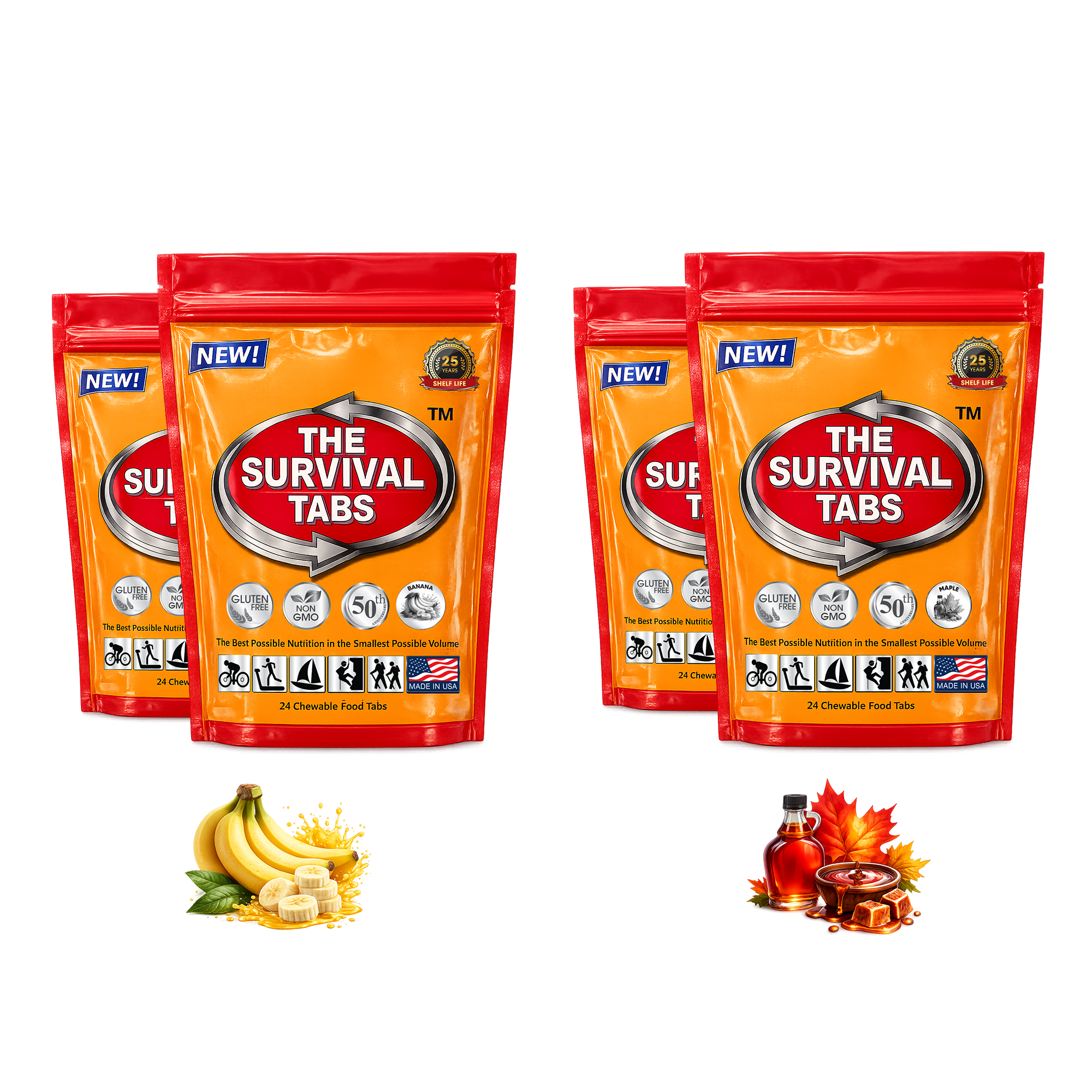 Survival Tabs Banana & Maple Emergency Food Supply Variety Pack 4 Pouches 96 Chewable Survival Food Tablets Long Term Food Storage Gluten Free Non GMO Meal Replacement MRE