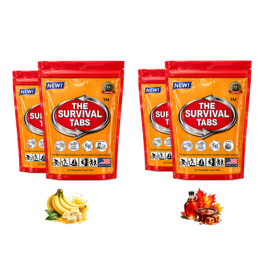 Survival Tabs Banana & Maple Emergency Food Supply Variety Pack 4 Pouches 96 Chewable Survival Food Tablets Long Term Food Storage Gluten Free Non GMO Meal Replacement MRE