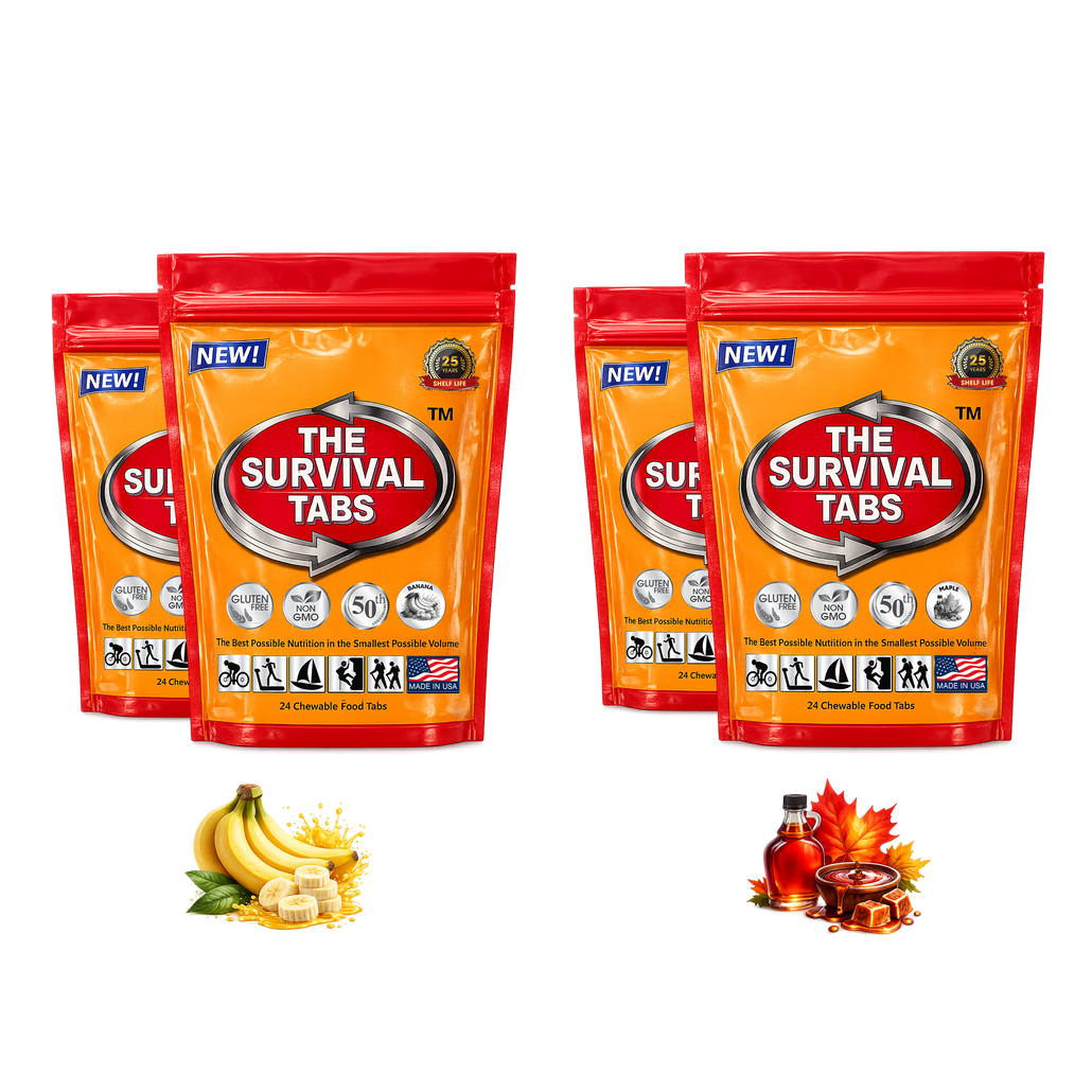 Survival Tabs Banana & Maple Emergency Food Supply Variety Pack 4 Pouches 96 Chewable Survival Food Tablets Long Term Food Storage Gluten Free Non GMO Meal Replacement MRE