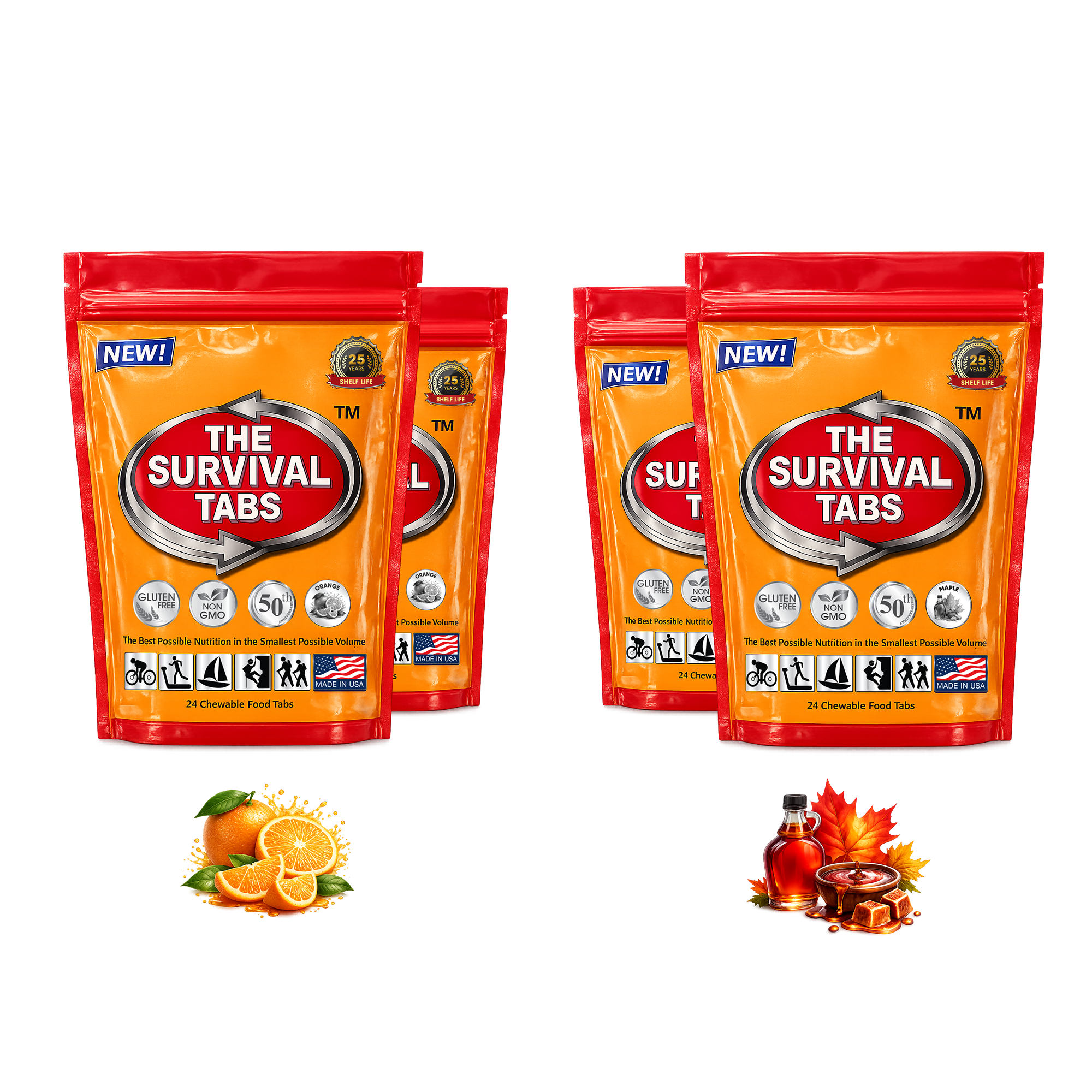 Survival Tabs Orange & Maple Emergency Food Supply Variety Pack 4 Pouches 96 Chewable Survival Food Tablets Long Term Food Storage Gluten Free Non GMO Meal Replacement MRE