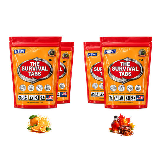 Survival Tabs Orange & Maple Emergency Food Supply Variety Pack 4 Pouches 96 Chewable Survival Food Tablets Long Term Food Storage Gluten Free Non GMO Meal Replacement MRE