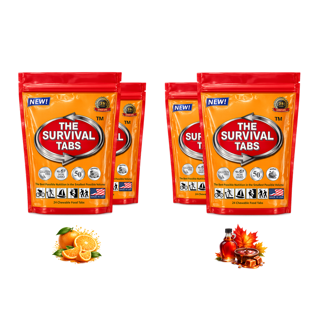 Survival Tabs Orange & Maple Emergency Food Supply Variety Pack 4 Pouches 96 Chewable Survival Food Tablets Long Term Food Storage Gluten Free Non GMO Meal Replacement MRE