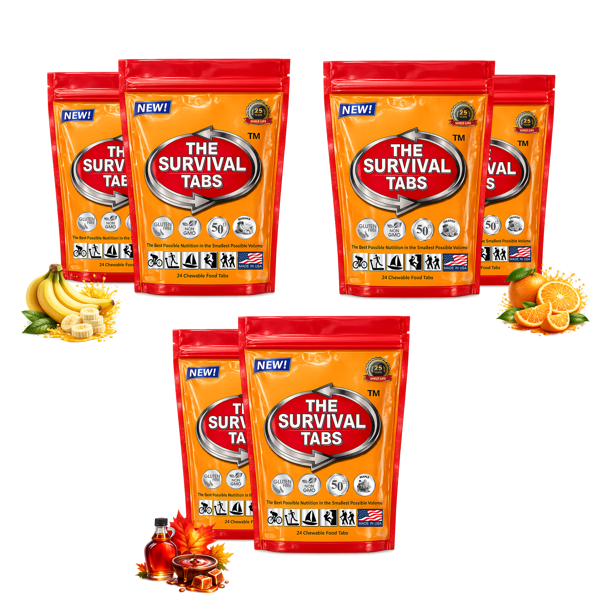 Survival Tabs Orange Maple & Banana Emergency Food Supply Variety Pack 6 Pouches 144 Chewable Survival Food Tablets Long Term Food Storage Gluten Free Non GMO Meal Replacement MRE