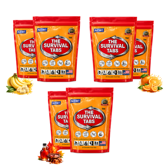 Survival Tabs Orange Maple & Banana Emergency Food Supply Variety Pack 6 Pouches 144 Chewable Survival Food Tablets Long Term Food Storage Gluten Free Non GMO Meal Replacement MRE