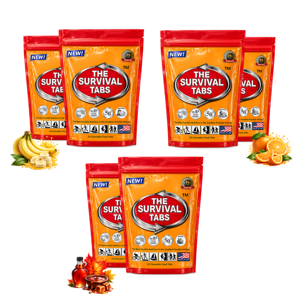Survival Tabs Orange Maple & Banana Emergency Food Supply Variety Pack 6 Pouches 144 Chewable Survival Food Tablets Long Term Food Storage Gluten Free Non GMO Meal Replacement MRE