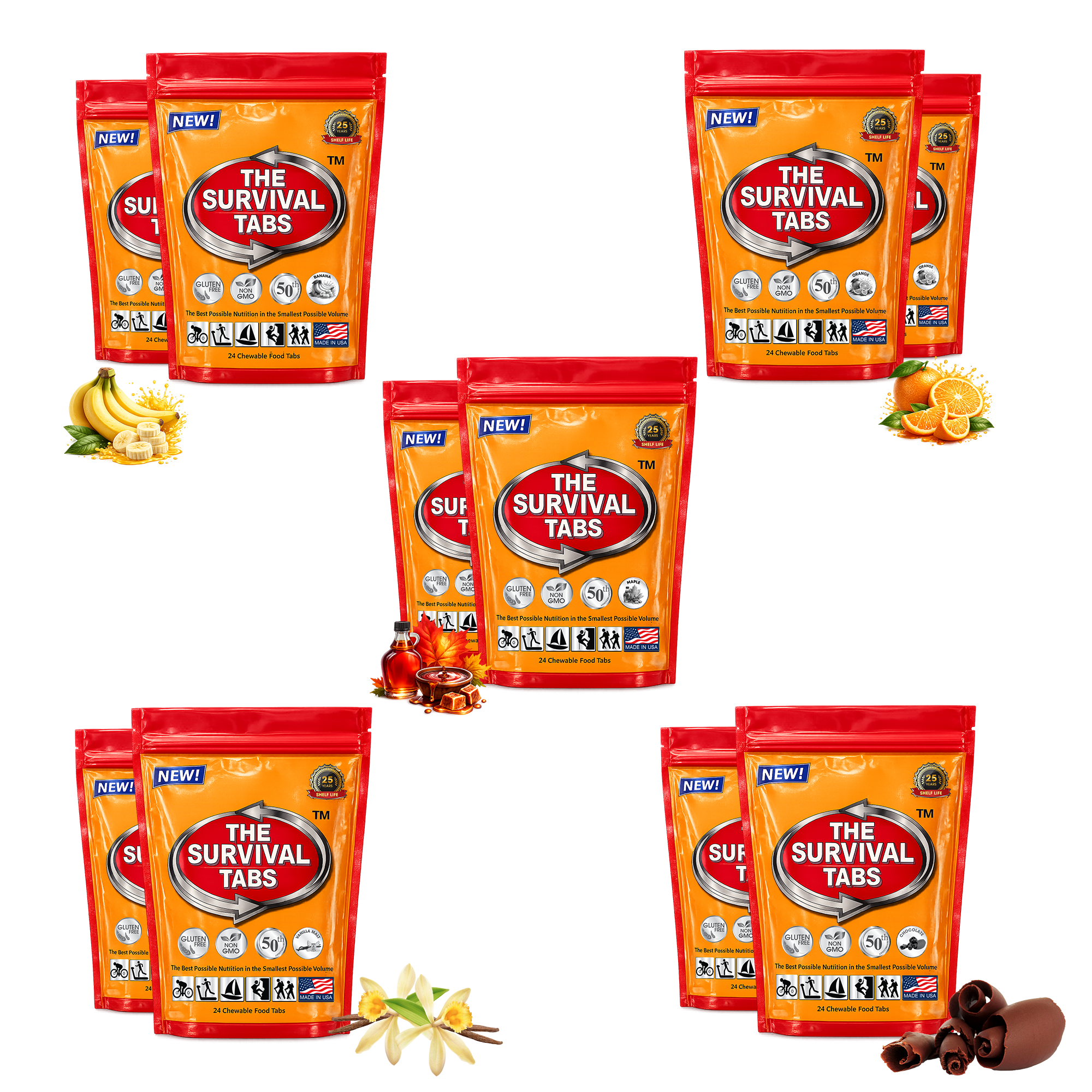 Survival Tabs 5 Flavor Variety Pack Orange Maple Chocolate Vanilla Banana Emergency Food Supply 10 Pouches 240 Chewable Survival Food Tablets Long Term Food Storage Gluten Free Non GMO Meal Replacement MRE
