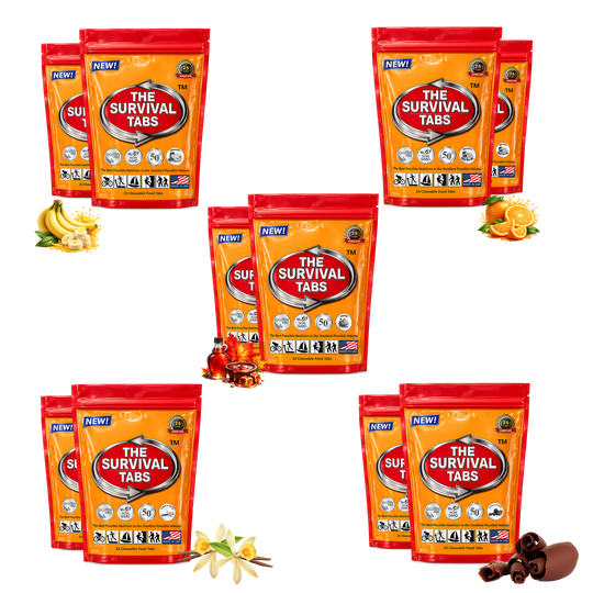 Survival Tabs 5 Flavor Variety Pack Orange Maple Chocolate Vanilla Banana Emergency Food Supply 10 Pouches 240 Chewable Survival Food Tablets Long Term Food Storage Gluten Free Non GMO Meal Replacement MRE