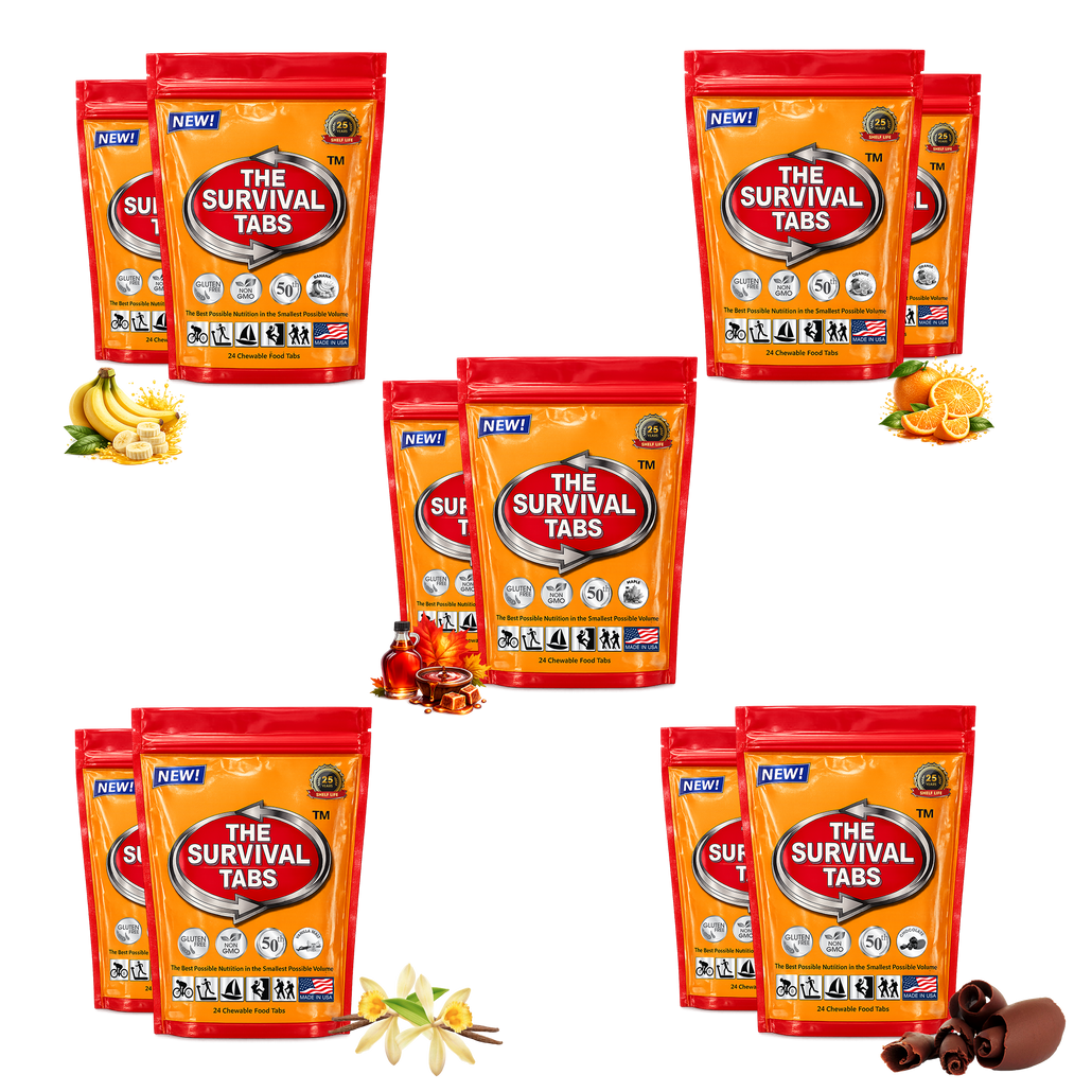 Survival Tabs 5 Flavor Variety Pack Orange Maple Chocolate Vanilla Banana Emergency Food Supply 10 Pouches 240 Chewable Survival Food Tablets Long Term Food Storage Gluten Free Non GMO Meal Replacement MRE