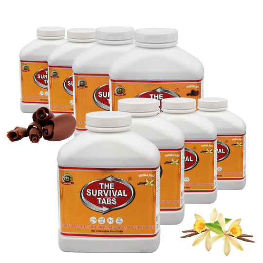 Survival tabs 120 Days Emergency Food kit Disaster Preparedness supply for Earthquake Flood Tsunami Gluten Free & Non-GMO 25 Year Shelf Life No Special Storage Ready To Eat Chocolates Vanilla Malt