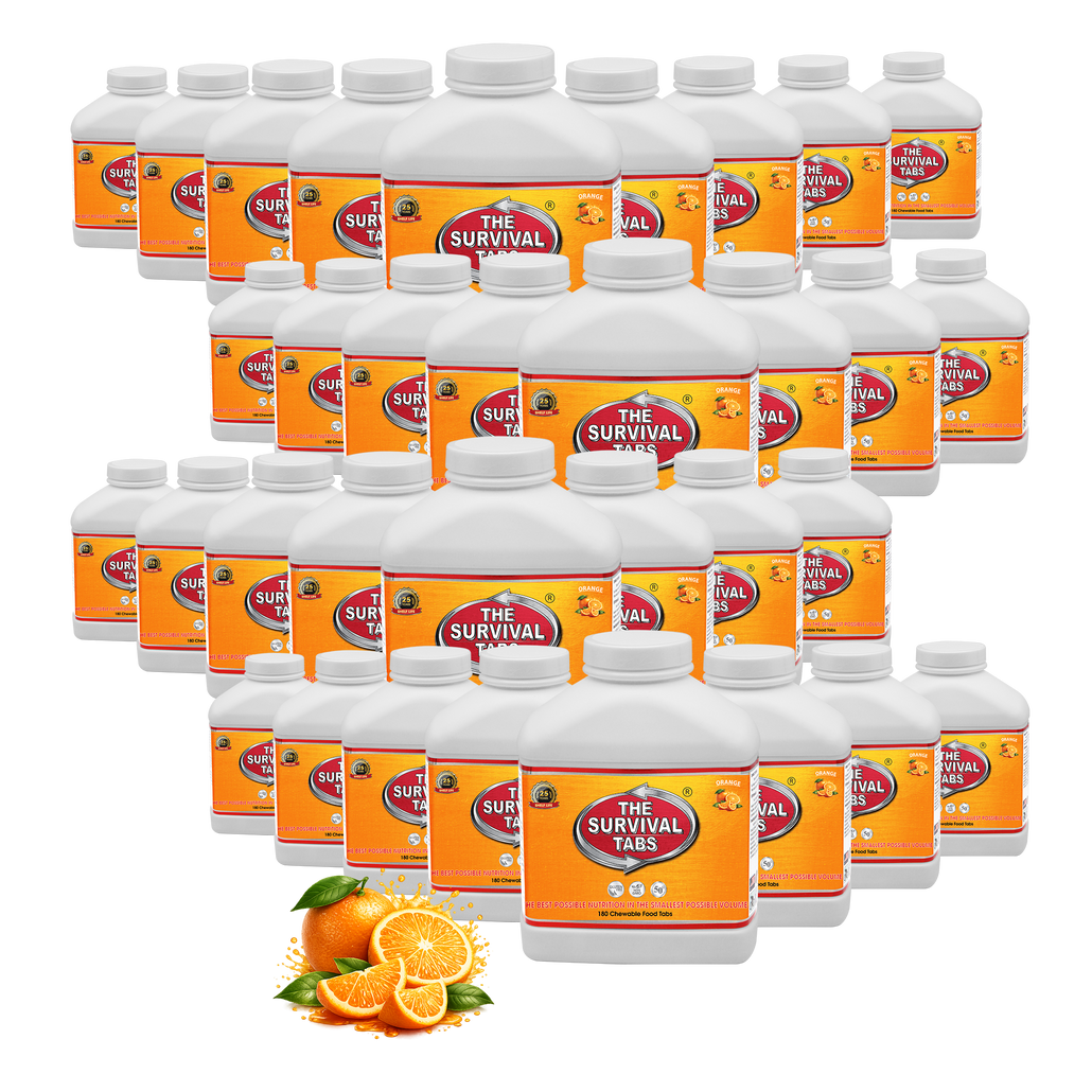 Survival Tabs Orange Flavor 1-Year Emergency Food Supply 33 Bottles 5940 Survival Food Tablets Long Term Food Storage Gluten Free Non-GMO Meal Replacement 25-Year Shelf Life