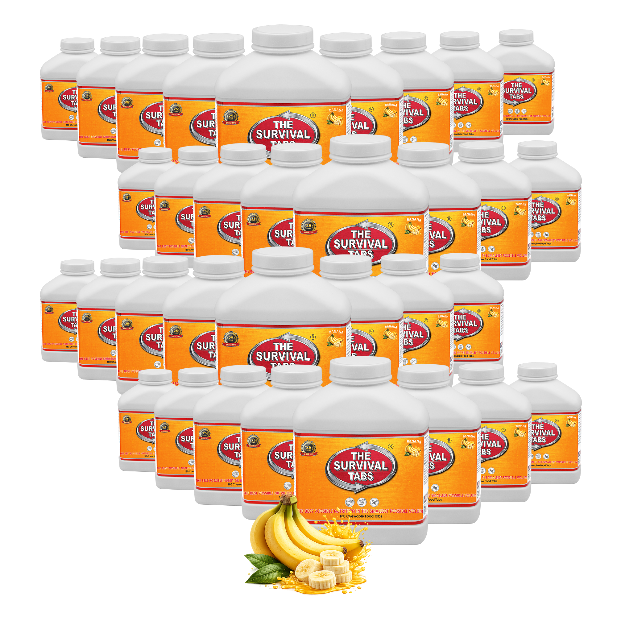 Survival Tabs Banana Flavor 1-Year Emergency Food Supply 33 Bottles 5940 Survival Food Tablets Long Term Food Storage Gluten Free Non-GMO Meal Replacement 25-Year Shelf Life