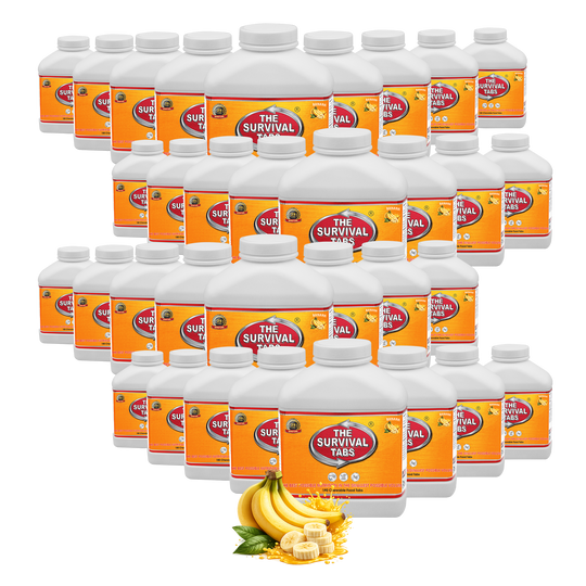 Survival Tabs Banana Flavor 1-Year Emergency Food Supply 33 Bottles 5940 Survival Food Tablets Long Term Food Storage Gluten Free Non-GMO Meal Replacement 25-Year Shelf Life