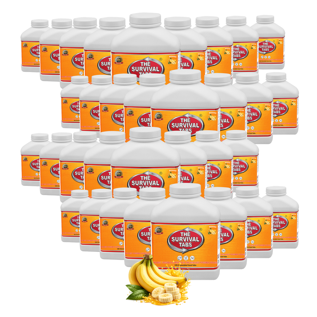 Survival Tabs Banana Flavor 1-Year Emergency Food Supply 33 Bottles 5940 Survival Food Tablets Long Term Food Storage Gluten Free Non-GMO Meal Replacement 25-Year Shelf Life