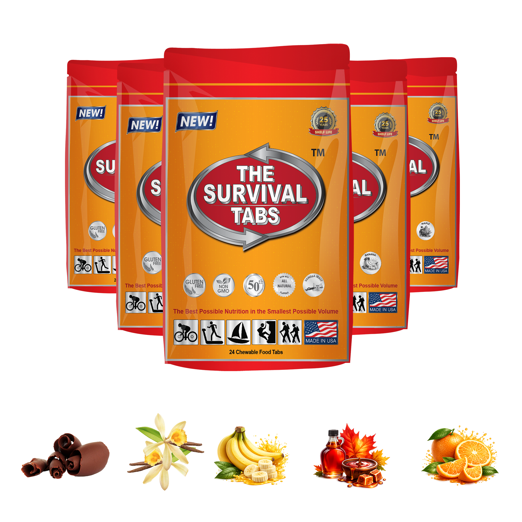 Survival Tabs Variety Pack Emergency Food Pouches Banana Orange Maple Strawberry Chocolate 120 Survival Food Tablets Long Term Food Storage Gluten Free Non-GMO