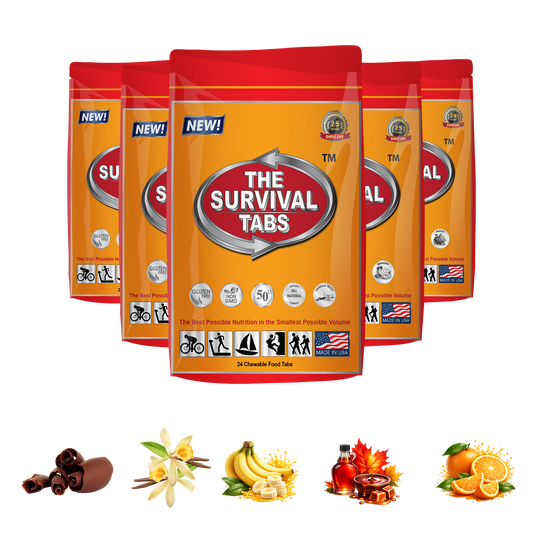 Survival Tabs Variety Pack Emergency Food Pouches Banana Orange Maple Strawberry Chocolate 120 Survival Food Tablets Long Term Food Storage Gluten Free Non-GMO