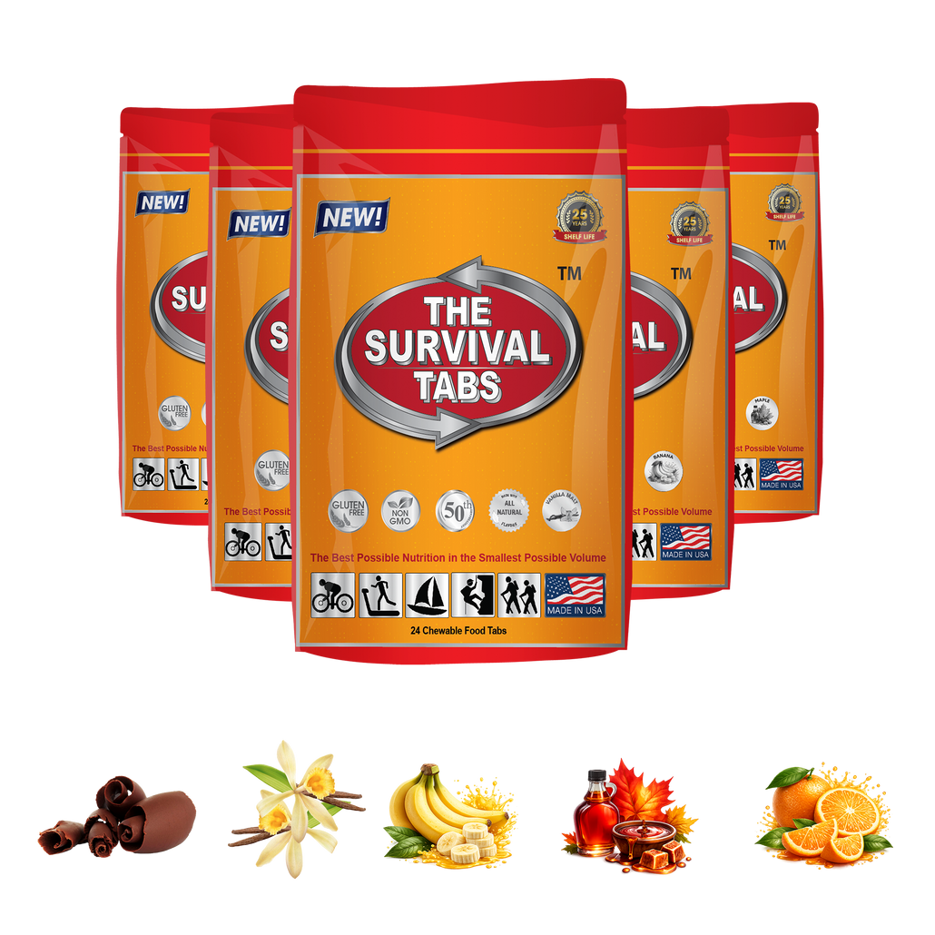 Survival Tabs Variety Pack Emergency Food Pouches Banana Orange Maple Strawberry Chocolate 120 Survival Food Tablets Long Term Food Storage Gluten Free Non-GMO